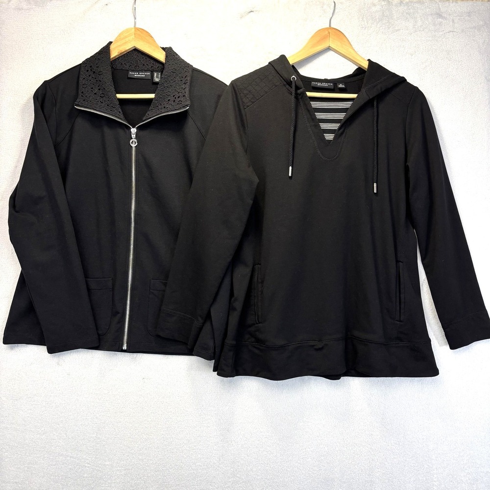 Lot of 2 Susan Graver Weekend Zip Up Jackets Womens‎ Medium Black Utility Casual